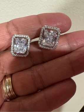 Woman Fashion Classic Square Halo Cubic Zirconia Stud Earrings - Silver
